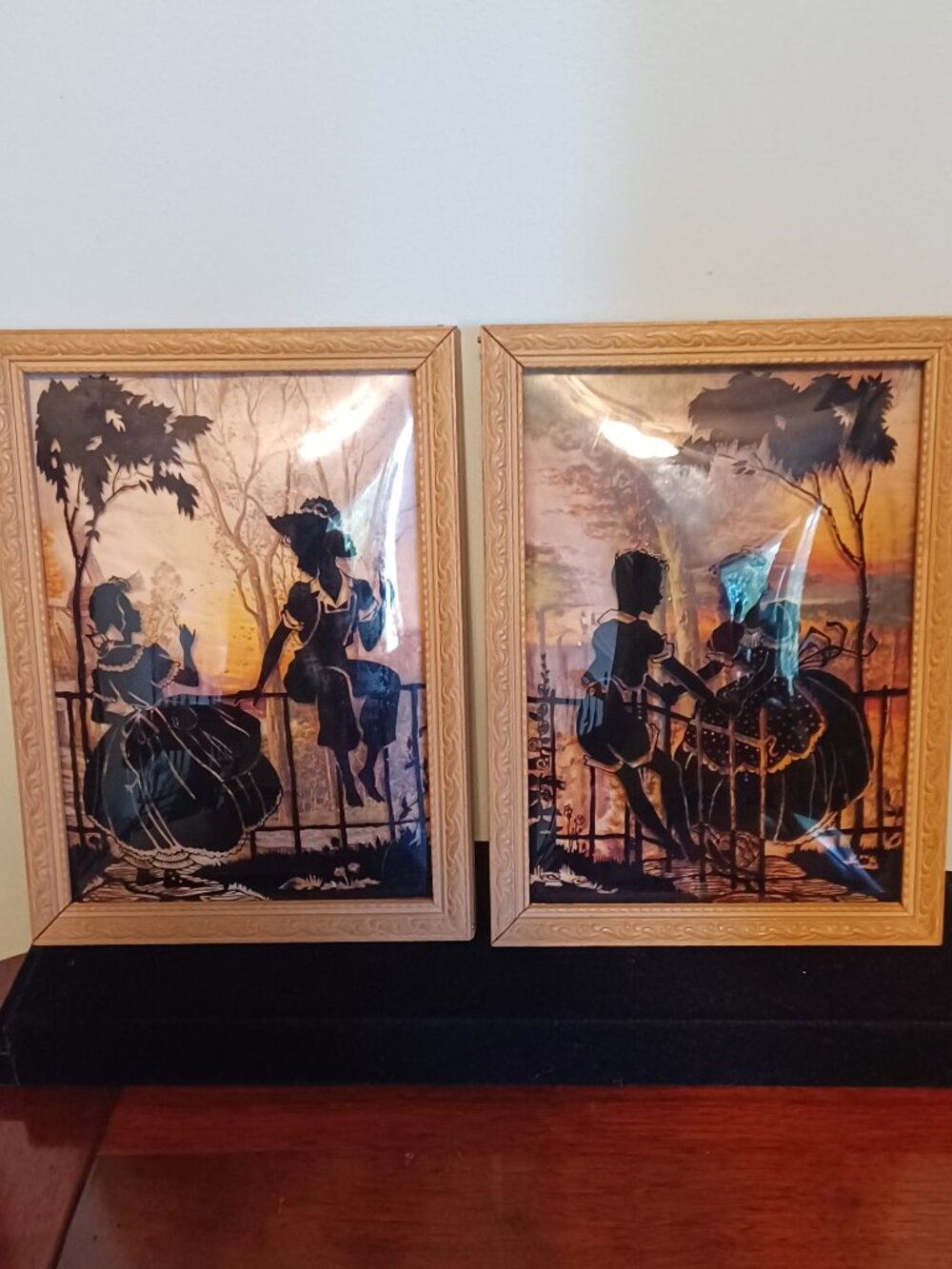 Pair Of Vintage Reverse Painted Convex Glass Silhouette Pictures